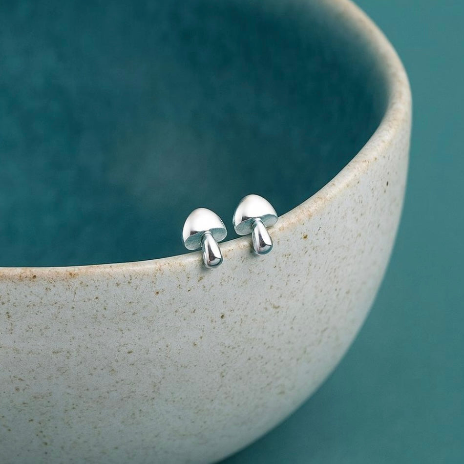 Sterling Silver Tiny Mushroom Stud Earrings: Dainty Woodland Design
