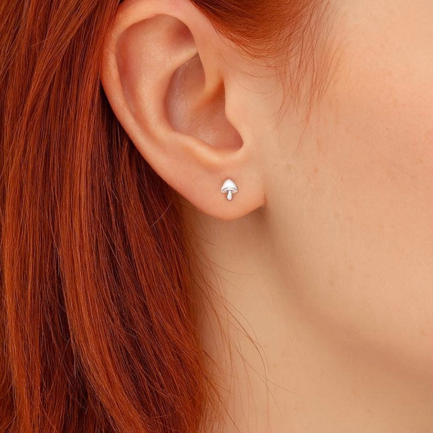 Sterling Silver Tiny Mushroom Stud Earrings: Dainty Woodland Design