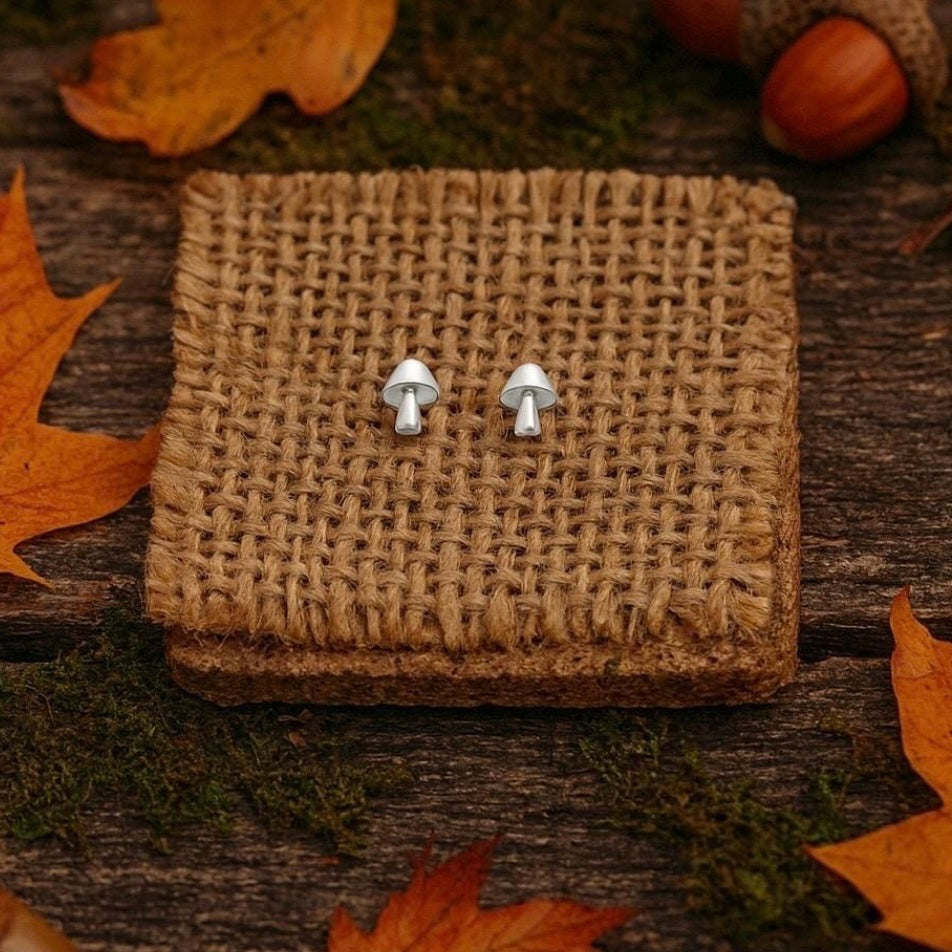 Sterling Silver Tiny Mushroom Stud Earrings: Dainty Woodland Design