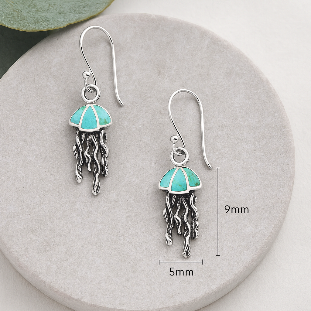 Turquoise Resin Sterling Silver Jellyfish Hook Earrings: Ocean/Coastal Jewellery Gift for Her