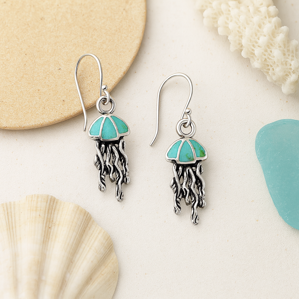 Turquoise Resin Sterling Silver Jellyfish Hook Earrings: Ocean/Coastal Jewellery Gift for Her