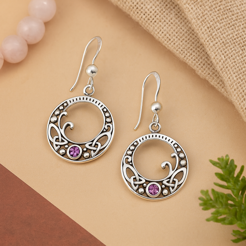 Sterling Silver Celtic Knot Amethyst Earrings : February Birthstone Dangle Earrings
