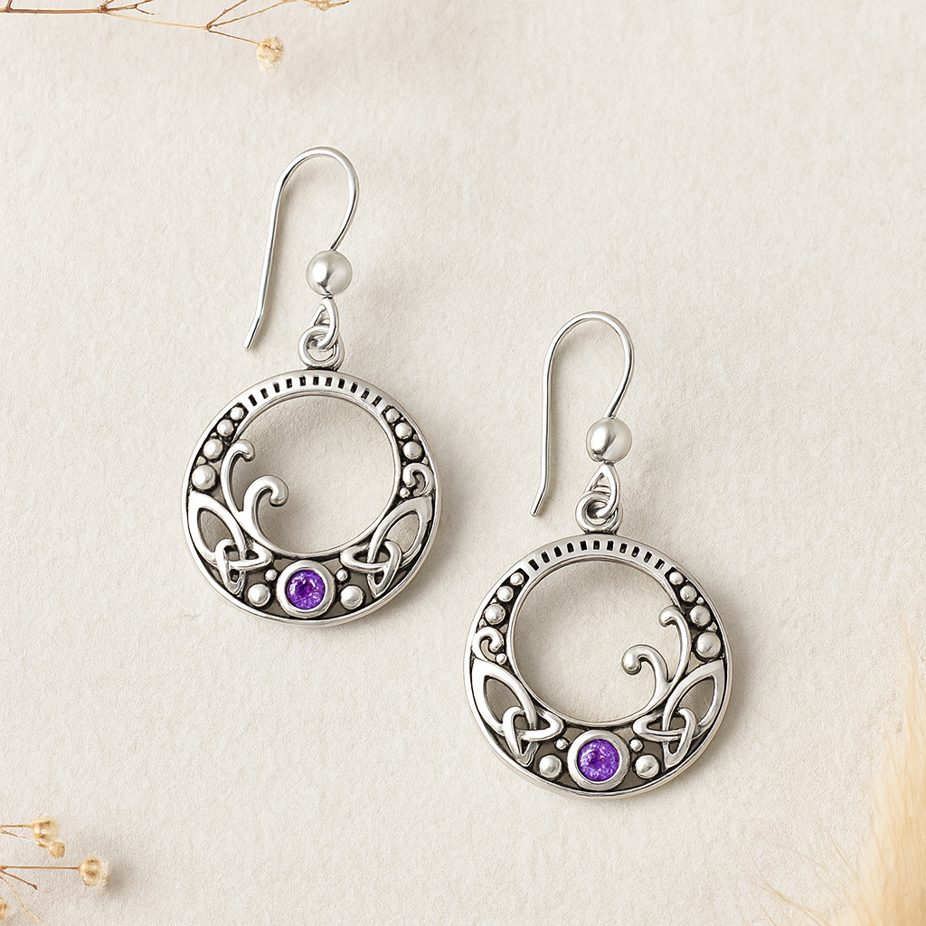 Sterling Silver Celtic Knot Amethyst Earrings : February Birthstone Dangle Earrings