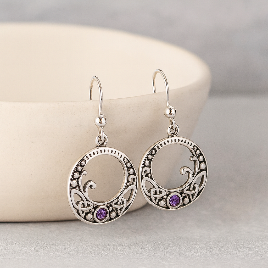 Sterling Silver Celtic Knot Amethyst Earrings : February Birthstone Dangle Earrings