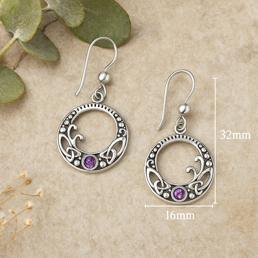 Sterling Silver Celtic Knot Amethyst Earrings : February Birthstone Dangle Earrings
