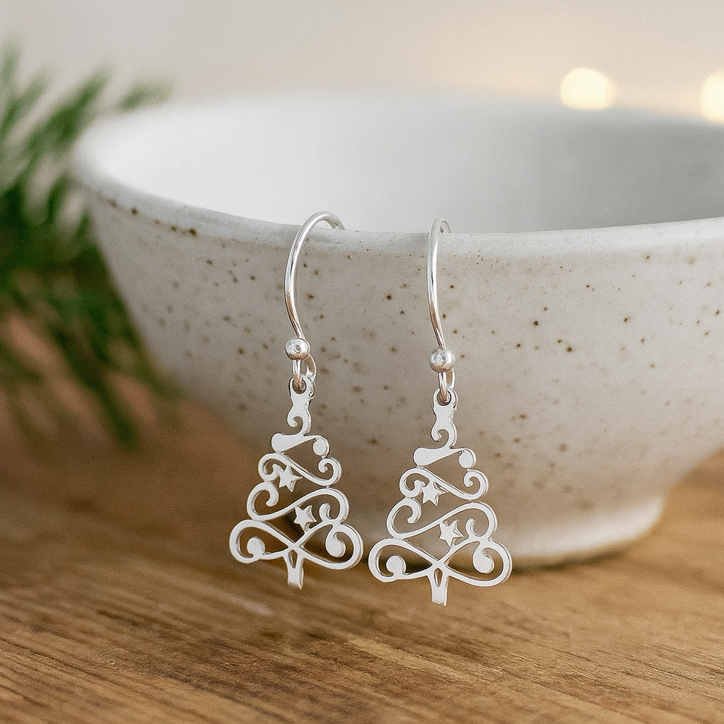Sterling Silver Christmas Tree Earrings Festive Holiday Jewellery Gift for Her : Seasonal Dainty Hook Earrings