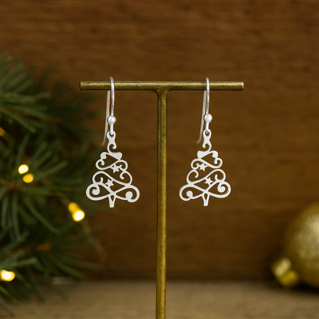 Sterling Silver Christmas Tree Earrings Festive Holiday Jewellery Gift for Her : Seasonal Dainty Hook Earrings