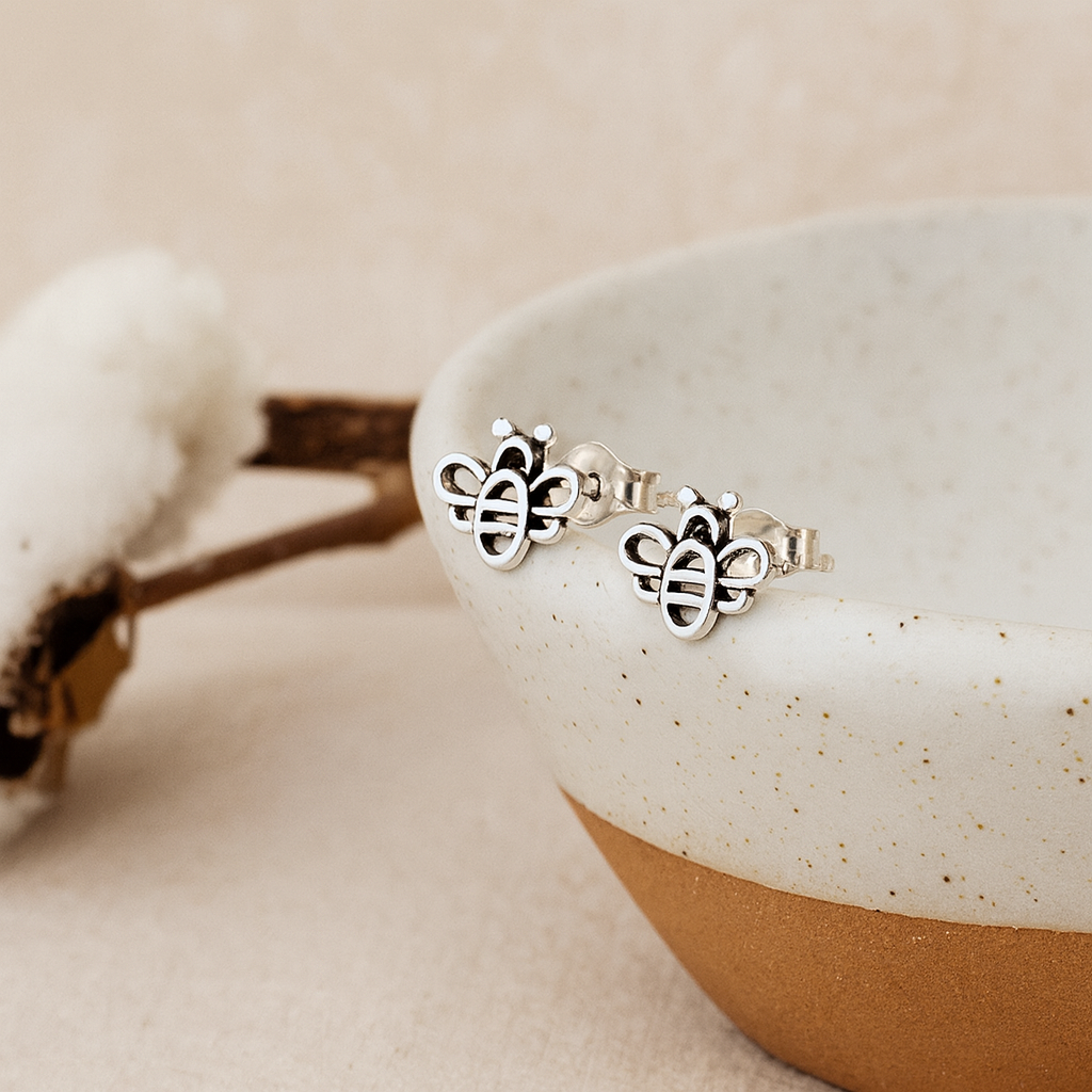 Sterling Silver Oxidised Bee Stud Earrings : Nature Inspired Jewellery