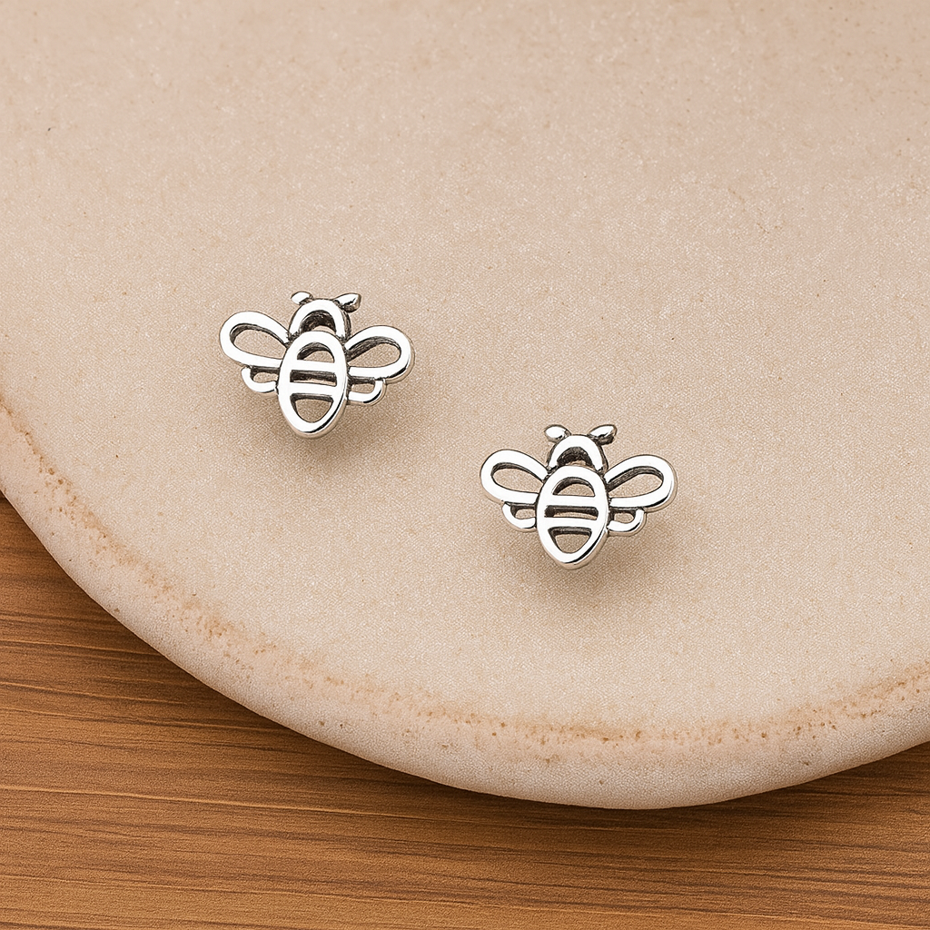 Sterling Silver Oxidised Bee Stud Earrings : Nature Inspired Jewellery