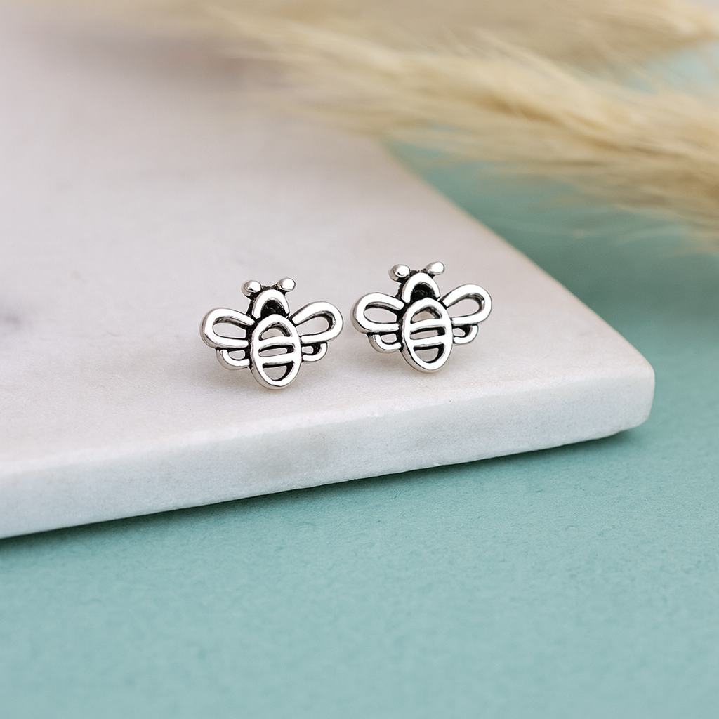Sterling Silver Oxidised Bee Stud Earrings : Nature Inspired Jewellery