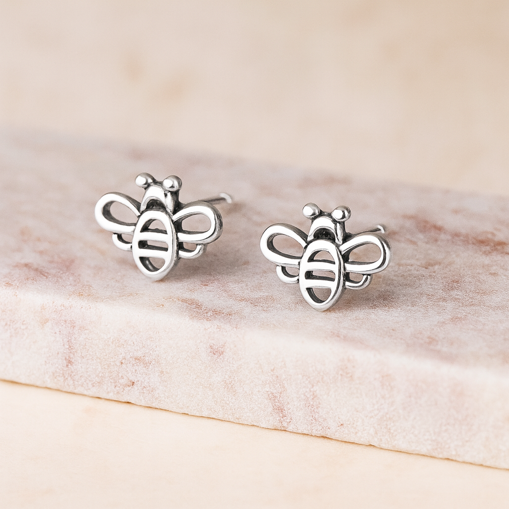Sterling Silver Oxidised Bee Stud Earrings : Nature Inspired Jewellery