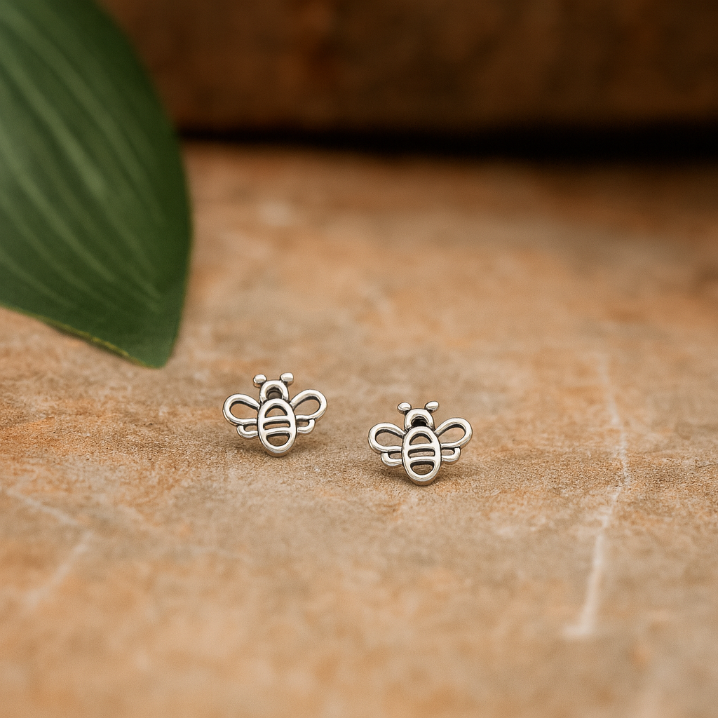 Sterling Silver Oxidised Bee Stud Earrings : Nature Inspired Jewellery