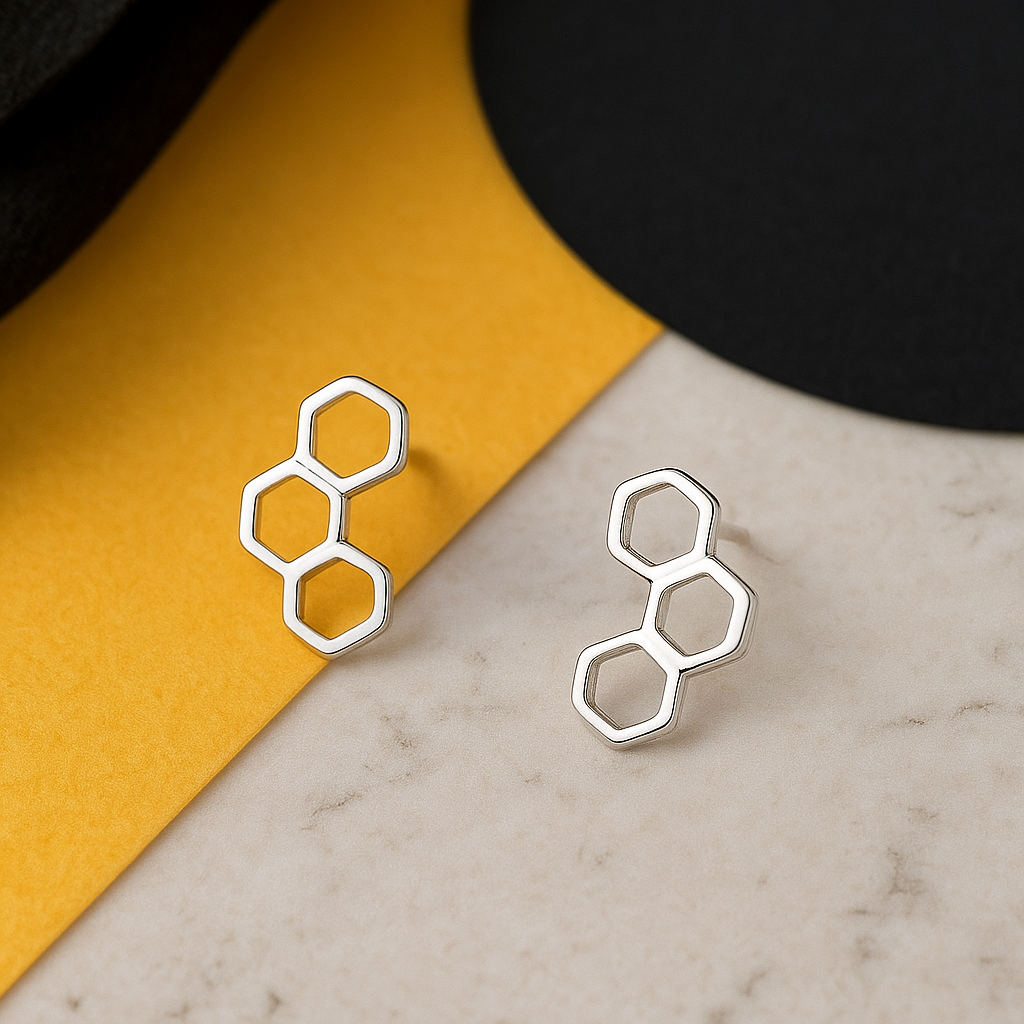 Sterling Silver Honeycomb Stud Earrings: Dainty Bee Lover Design