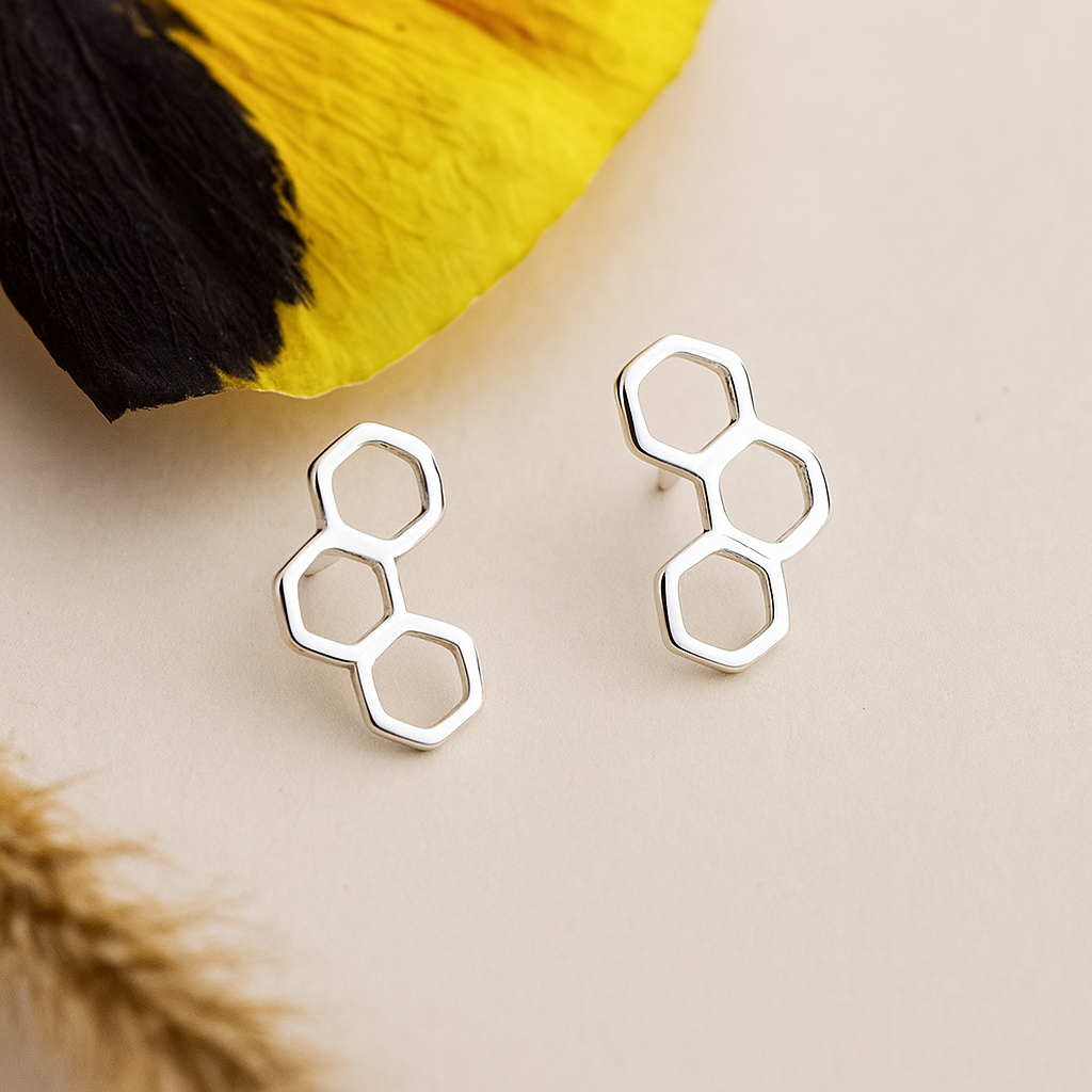 Sterling Silver Honeycomb Stud Earrings: Dainty Bee Lover Design