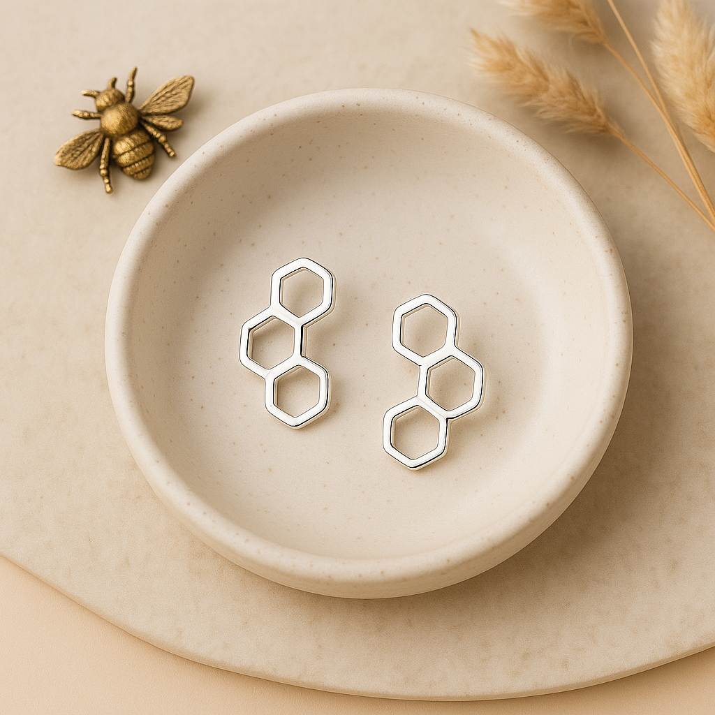 Sterling Silver Honeycomb Stud Earrings: Dainty Bee Lover Design