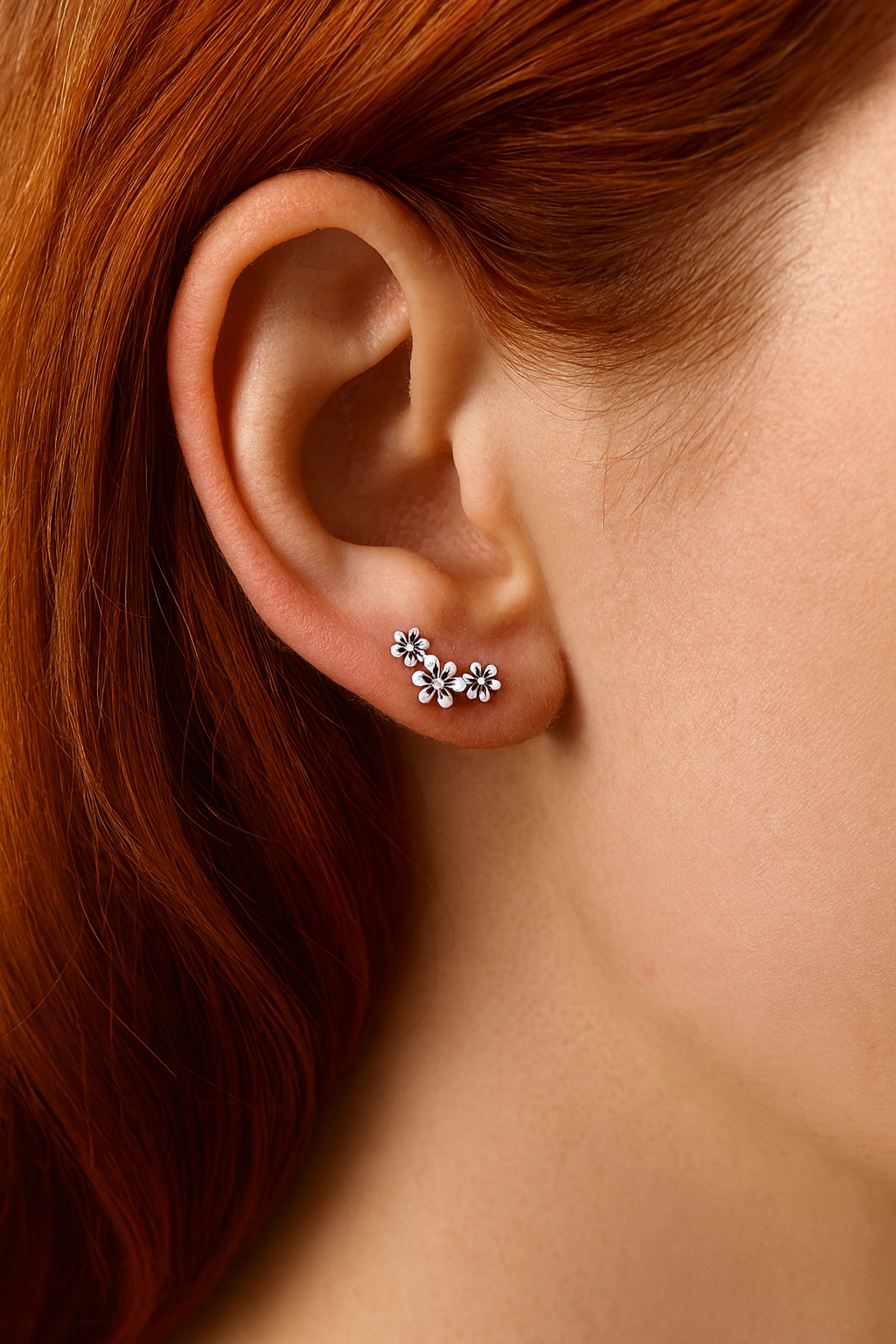 Sterling Silver Triple Flower Stud Earrings : Dainty Floral Silver Earrings