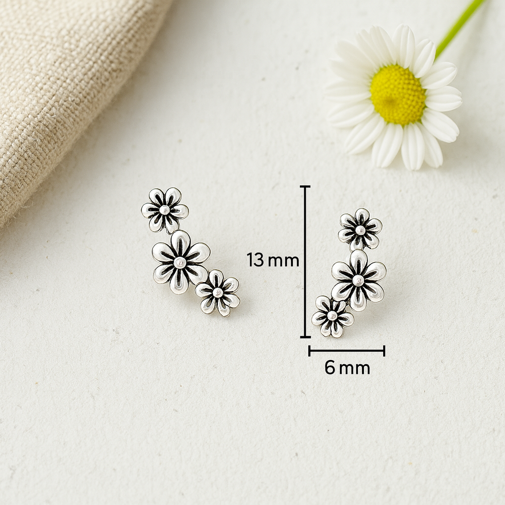 Sterling Silver Triple Flower Stud Earrings : Dainty Floral Silver Earrings