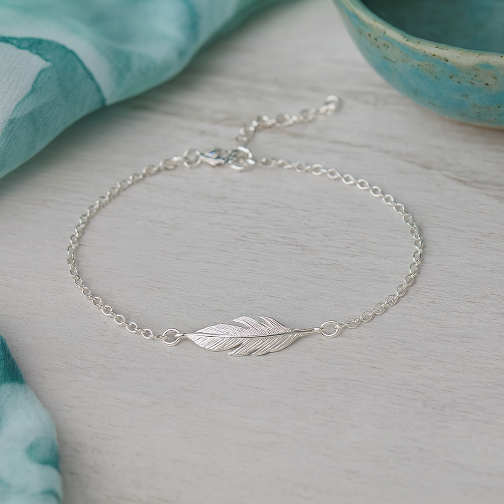 Sterling Silver Feather Bracelet : Adjustable Boho Jewellery