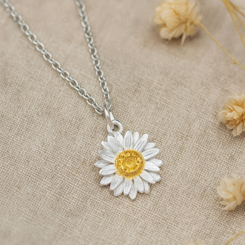 Sterling Silver Daisy Necklace : Large Flower Pendant on Silver Chain
