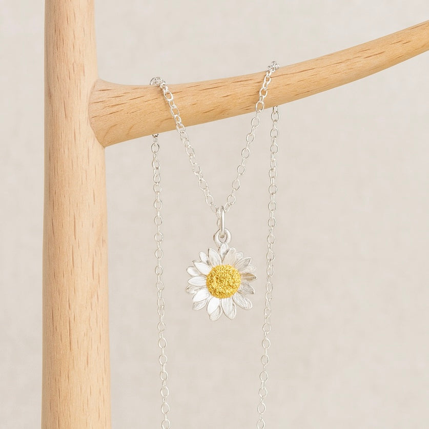 Sterling Silver Daisy Necklace : Large Flower Pendant on Silver Chain