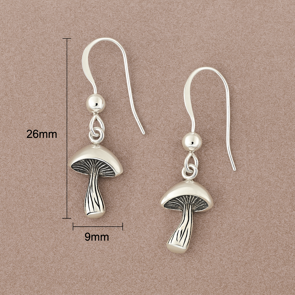 Sterling Silver Woodland Mushroom Drop Earrings : Fairy Core Boho Jewellery