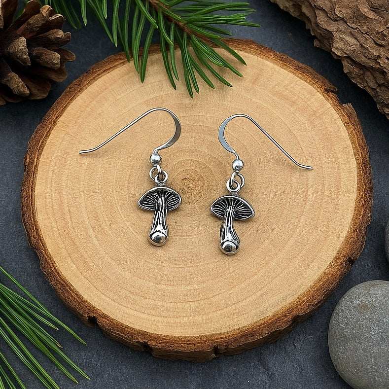 Sterling Silver Woodland Mushroom Drop Earrings : Fairy Core Boho Jewellery