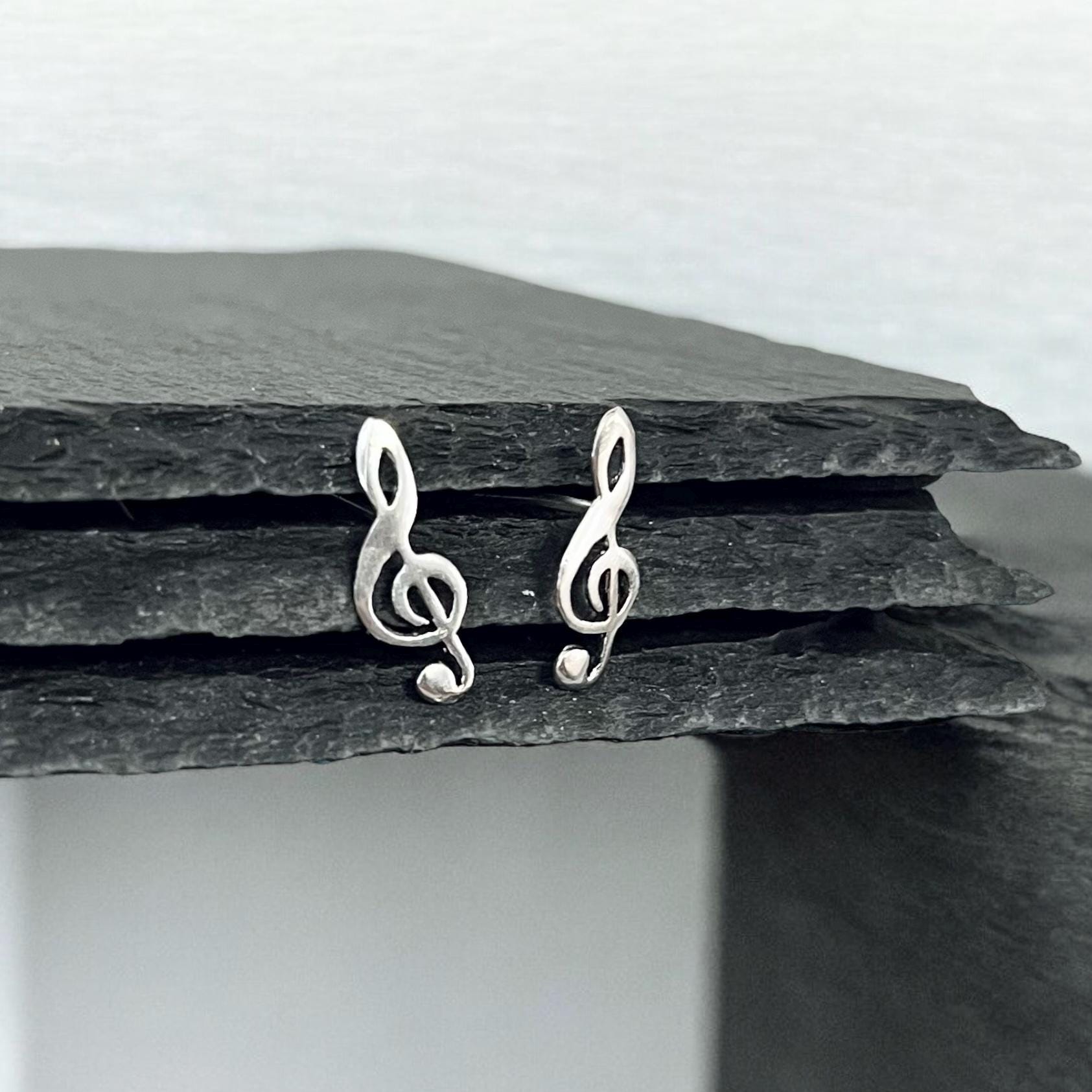 Sterling Silver Music Note Stud Earrings: 925 Silver Treble Clef