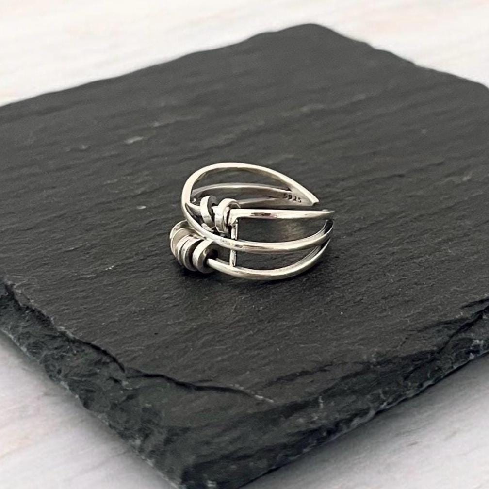 Sterling Silver Fidget Ring: Adjustable Layered Spinner