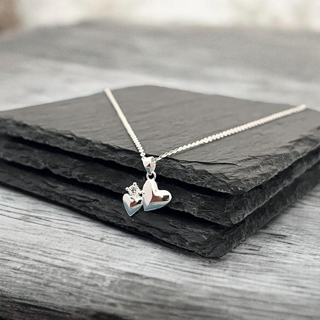 Sterling Silver 2 Hearts Pendant Necklace, Anniversary Necklace