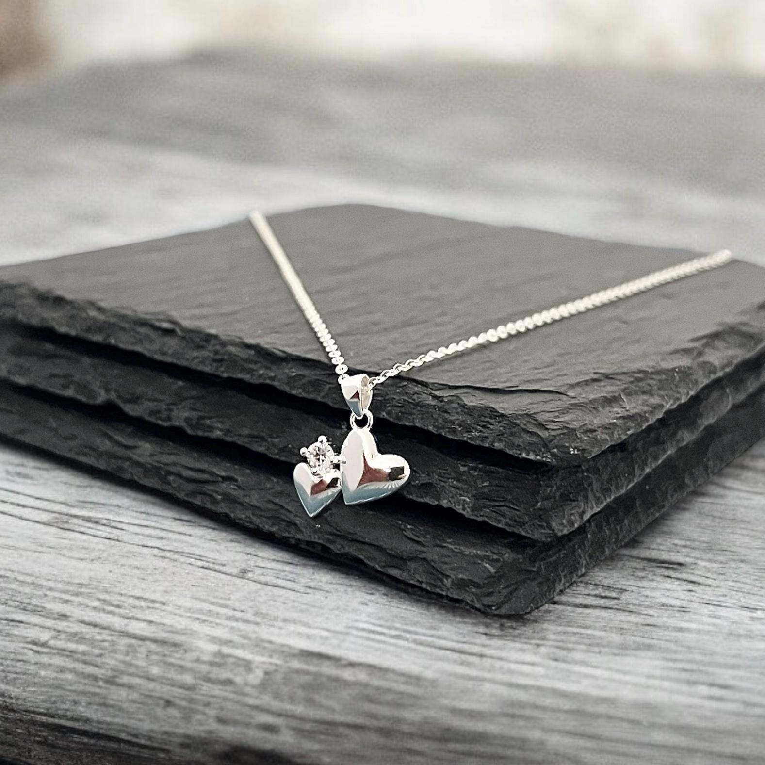 Sterling Silver 2 Hearts Pendant Necklace, Anniversary Necklace