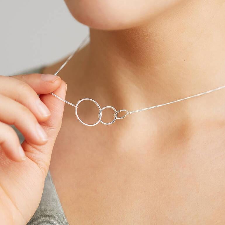 Sterling Silver Three Ring Necklace, Interlinked Necklace