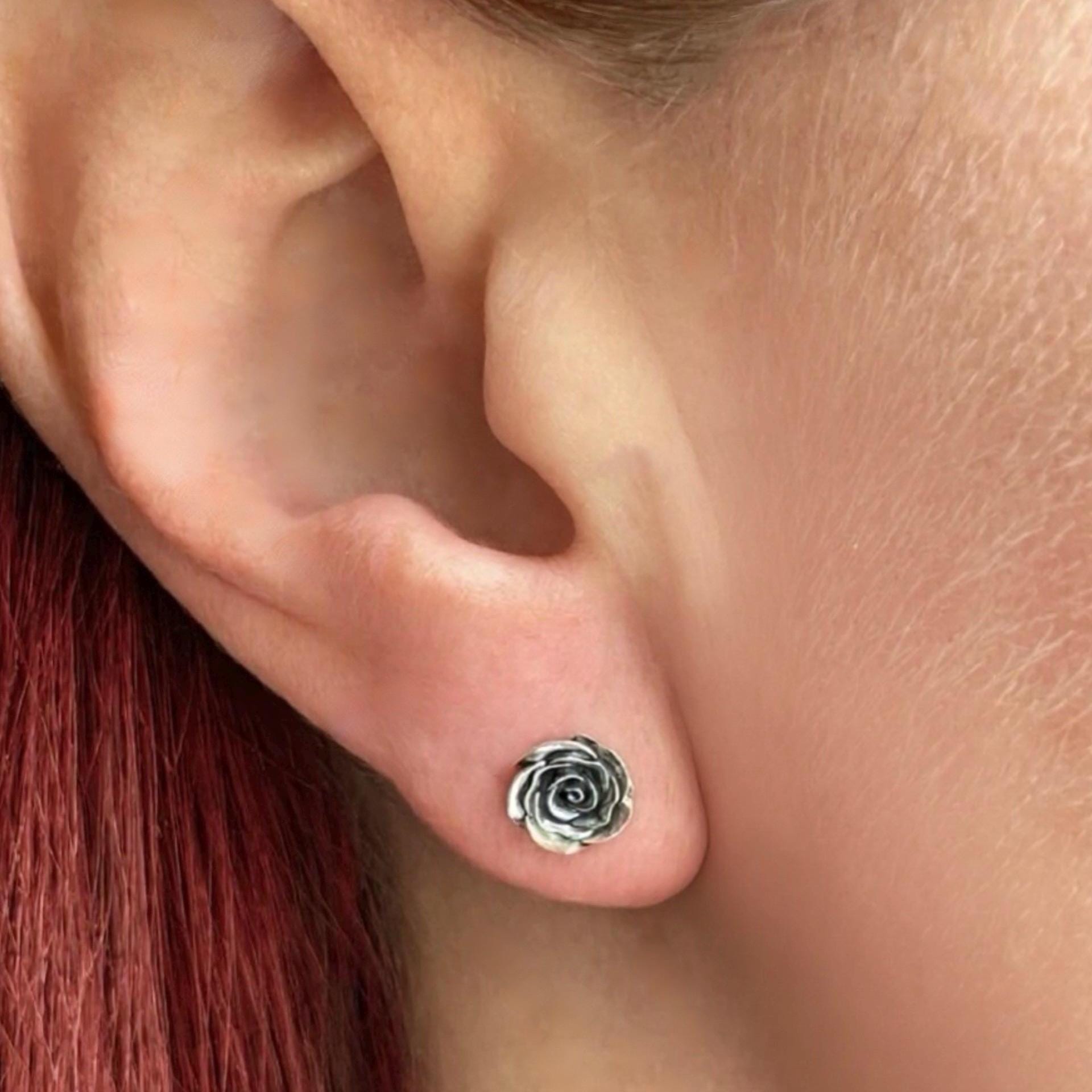 Oxidized Sterling Silver Rose Stud Earrings: Dainty Floral Jewellery