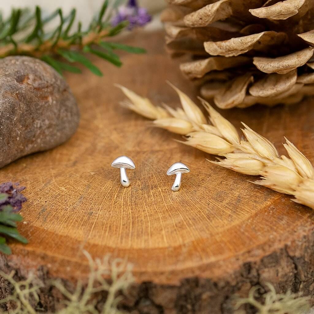 Sterling Silver Tiny Mushroom Stud Earrings: Dainty Woodland Design