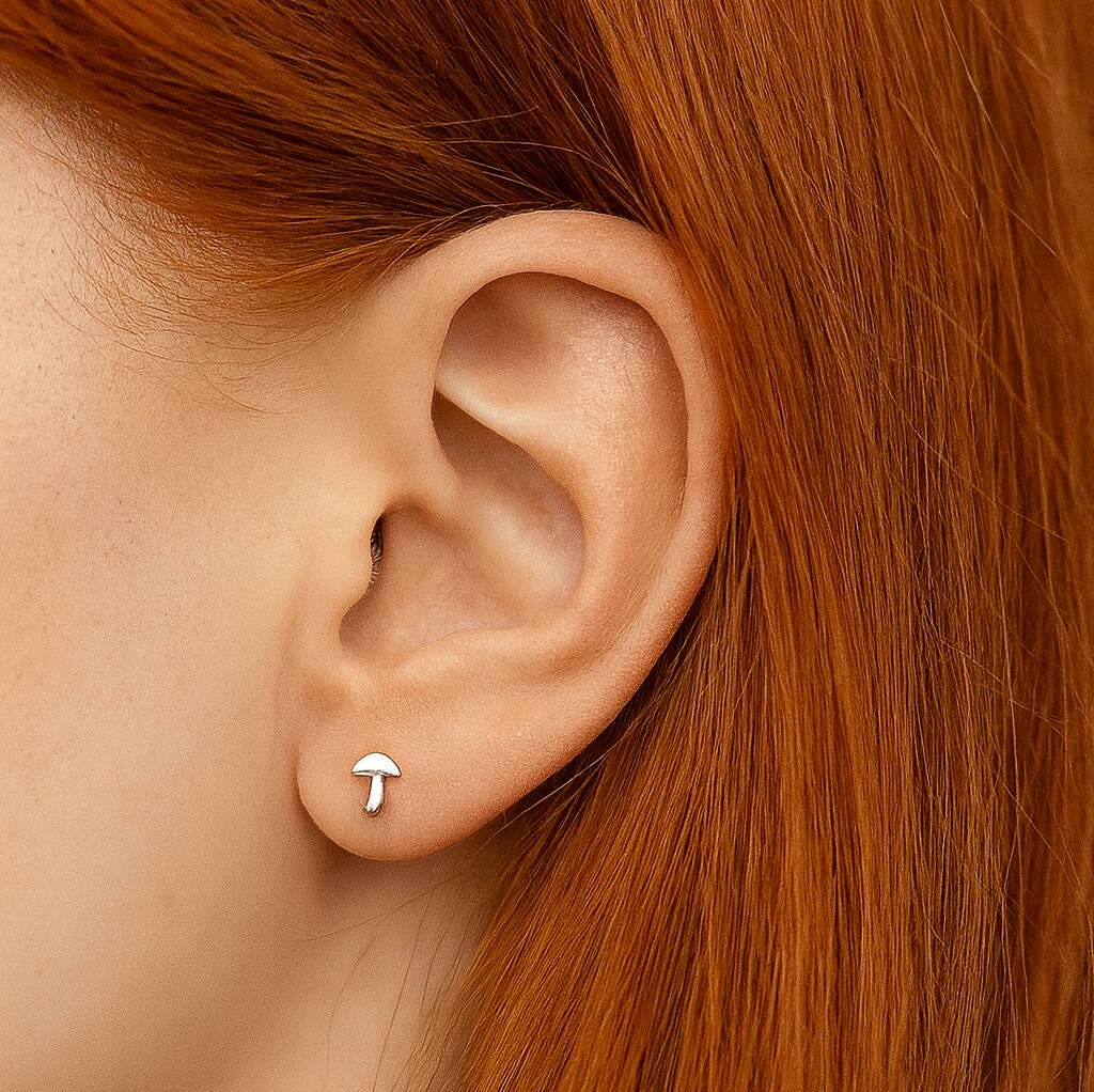 Sterling Silver Tiny Mushroom Stud Earrings: Dainty Woodland Design