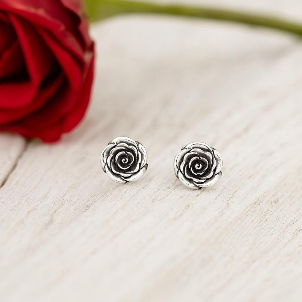 Oxidized Sterling Silver Rose Stud Earrings: Dainty Floral Jewellery