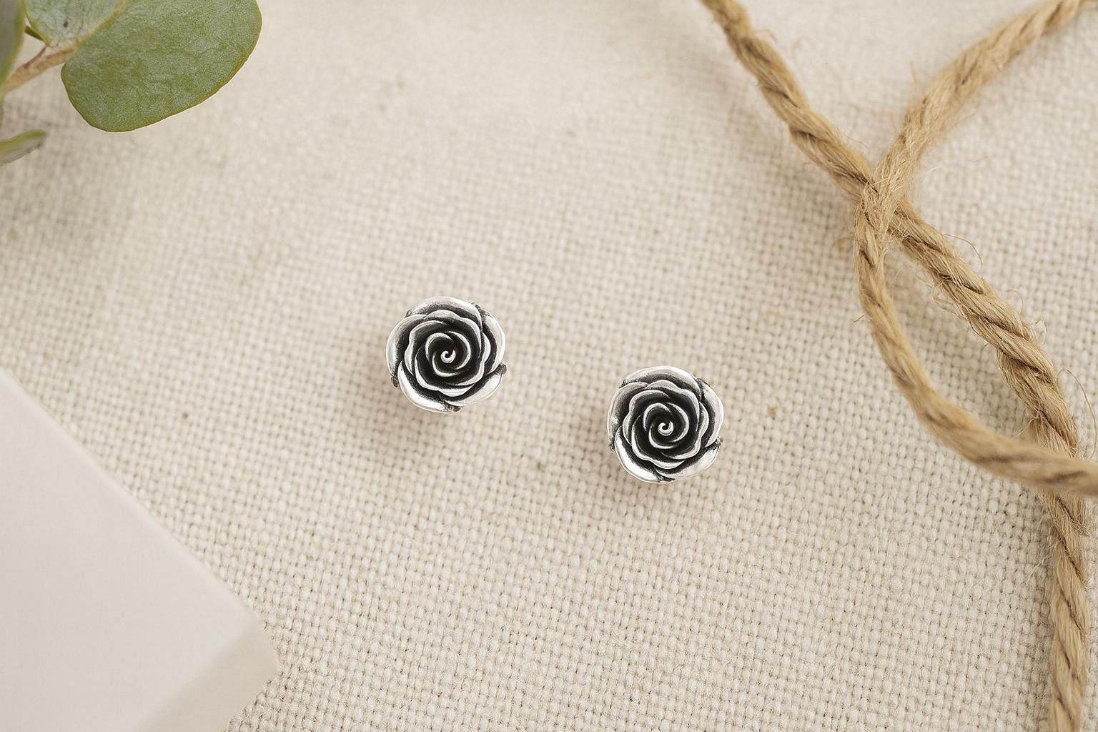 Oxidized Sterling Silver Rose Stud Earrings: Dainty Floral Jewellery