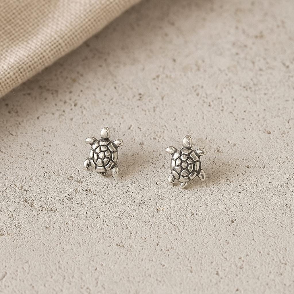 Oxidized Sterling Silver Turtle Stud Earrings: Sea Life Jewellery
