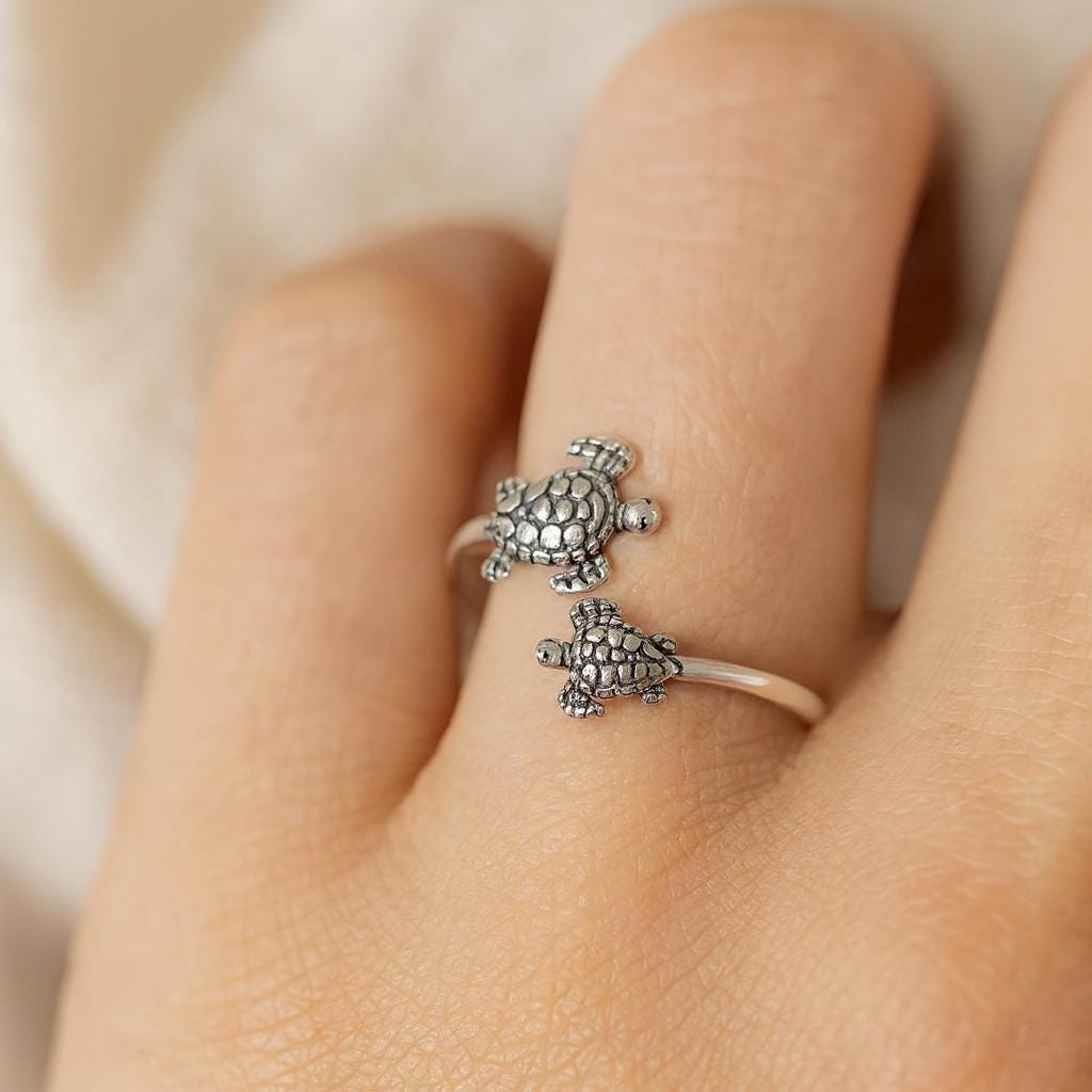 Oxidized Sterling Silver Turtle Ring: Adjustable Open Band