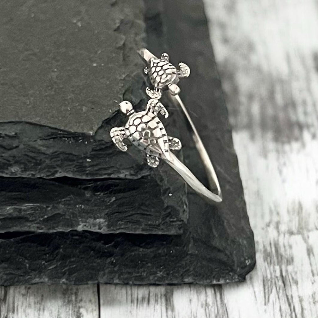 Oxidized Sterling Silver Turtle Ring: Adjustable Open Band