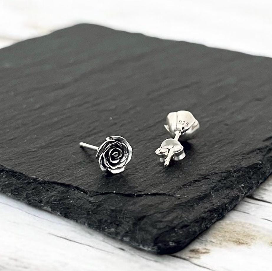 Oxidized Sterling Silver Rose Stud Earrings: Dainty Floral Jewellery
