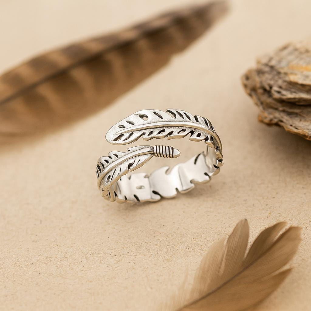 Adjustable Sterling Silver Feather Ring: Boho Jewellery