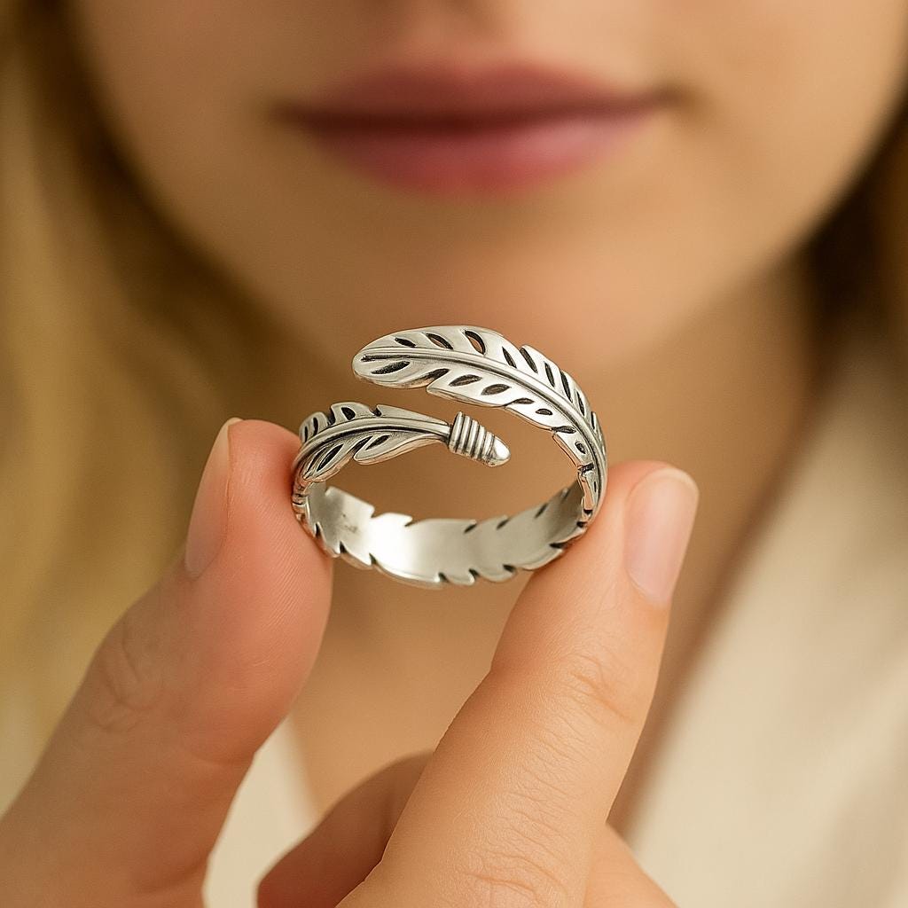 Adjustable Sterling Silver Feather Ring: Boho Jewellery