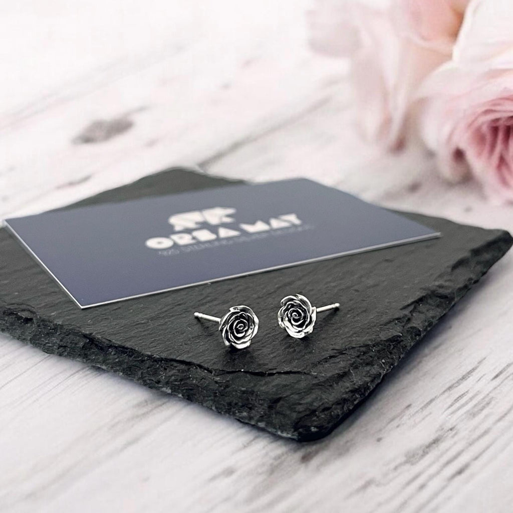 Oxidized Sterling Silver Rose Stud Earrings: Dainty Floral Jewellery