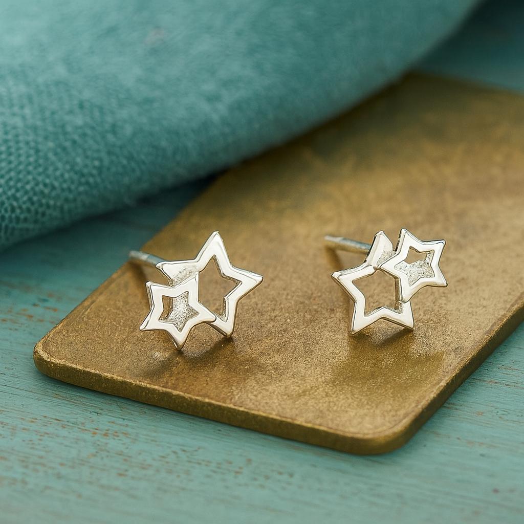 Sterling Silver Linked Star Stud Earrings: Celestial Jewellery
