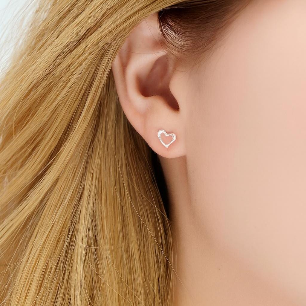 Dainty Sterling Silver Heart Stud Earrings: Minimalist 925 Silver