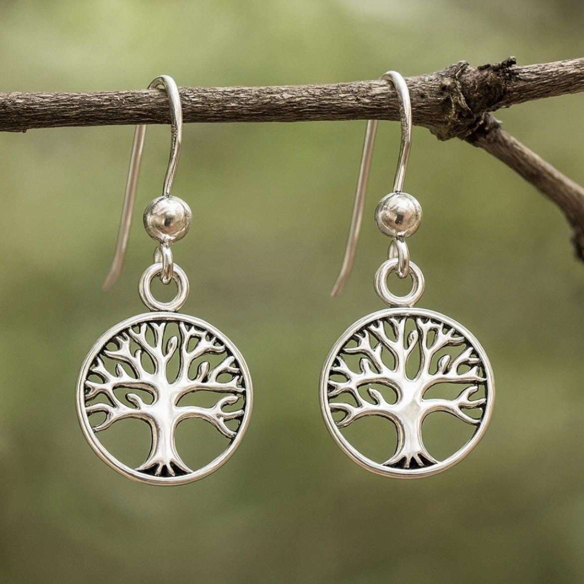 Oxidized Sterling Silver Tree of Life Hook Earrings