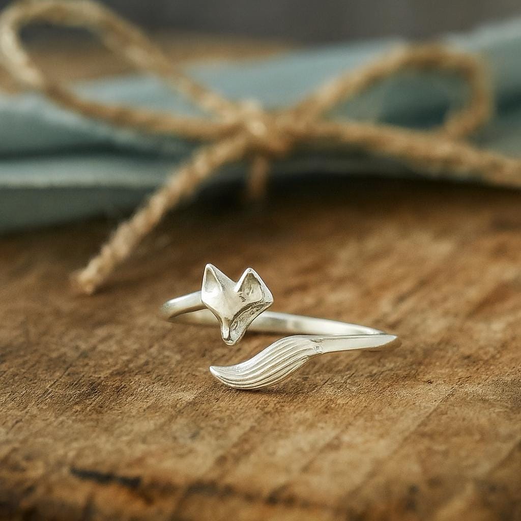 Sterling Silver Fox Ring: Adjustable Open Wrap Design