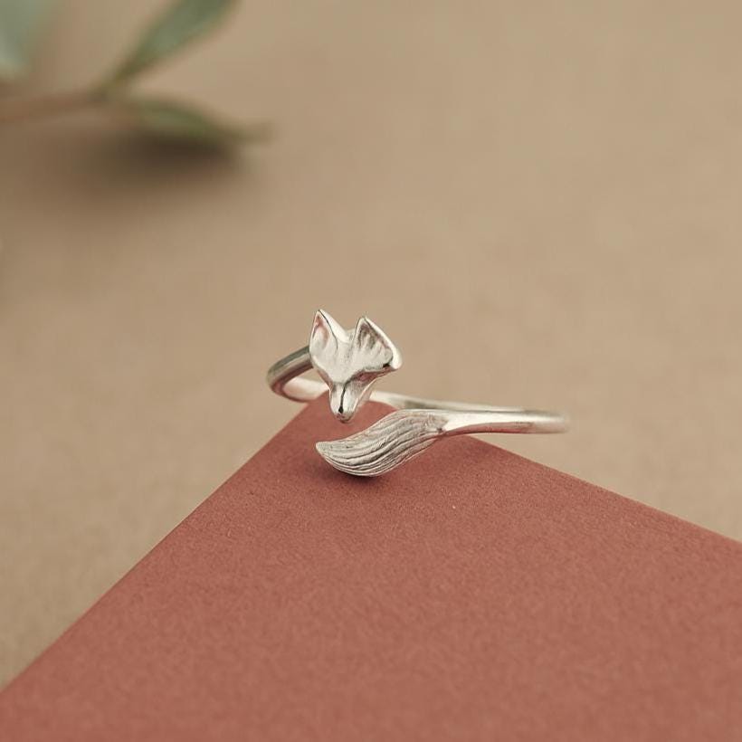 Sterling Silver Fox Ring: Adjustable Open Wrap Design