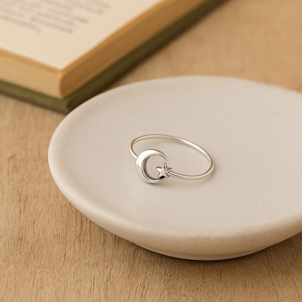 Sterling Silver Star and Moon Ring: Adjustable Celestial Jewellery