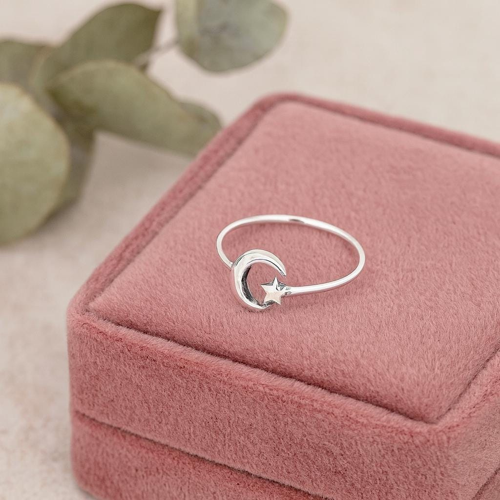 Sterling Silver Star and Moon Ring: Adjustable Celestial Jewellery